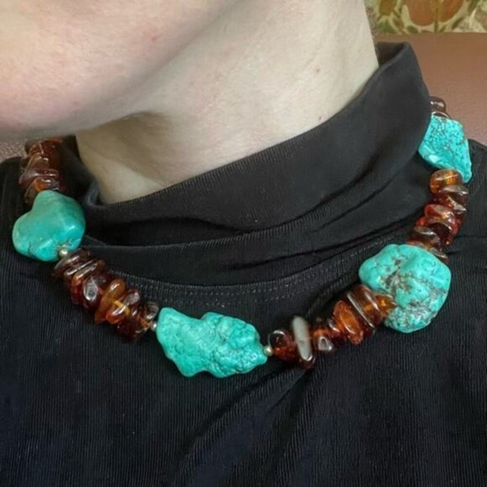 HEAVY Vintage Genuine Turquoise and Amber Beads Chunky Sterling Silver B3